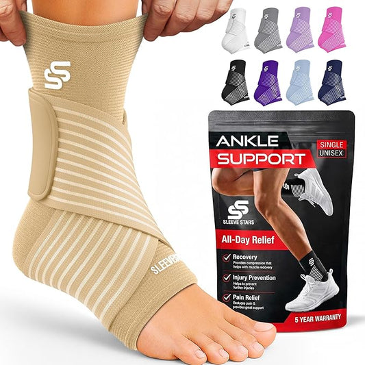 Sleeve Stars Ankle Brace for Women & Men, Ankle Wrap for Sprained Ankle, Compression Sleeve for Plantar Fasciitis Relief, Easy Customizable Support: w/Removable Strap (Single/S:9"-10"/Beige)