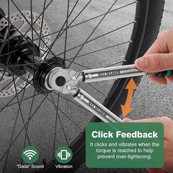 1/4-Inch Torque Wrench, 5–25 Nm, 15-Piece Click Bike Torque Wrench Set with Bits and 4-Inch Extension Bar, Dual-Direction, 0.25 N·m Increments, ±3% Accuracy for Bicycle Maintenance