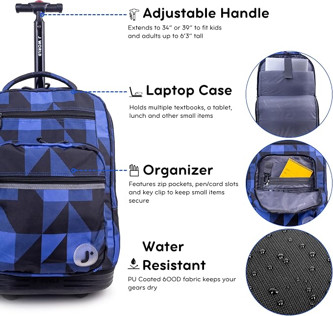 J World Sundance Laptop Rolling Backpack for Girls Boys. Roller Bookbag with Wheels, 20 Inch, Block Navy