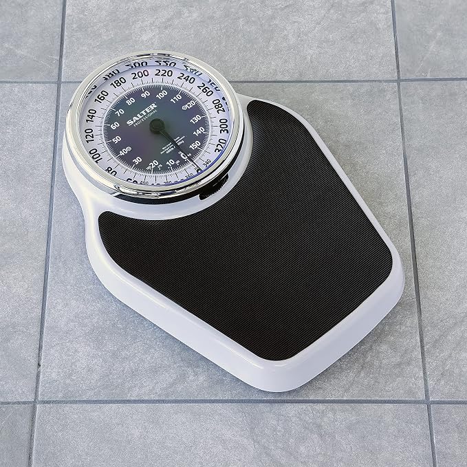 Salter Pro-Helix Professional Oversized Bathroom Scale with Black Vinyl Anti-Slip Bath Mat, 400 LB Capacity, Analog Scale, 18.25" x 13.0" Black/White