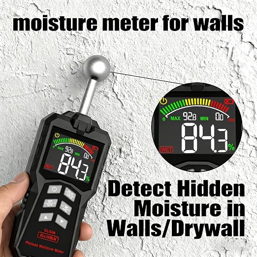 GL62A Pinless Moisture Meter, Spherical Induction Detector for Wood Walls Concrete, Non-Destructive Moisture Tester with LED Light, 0-100% Range, 5-40mm Depth
