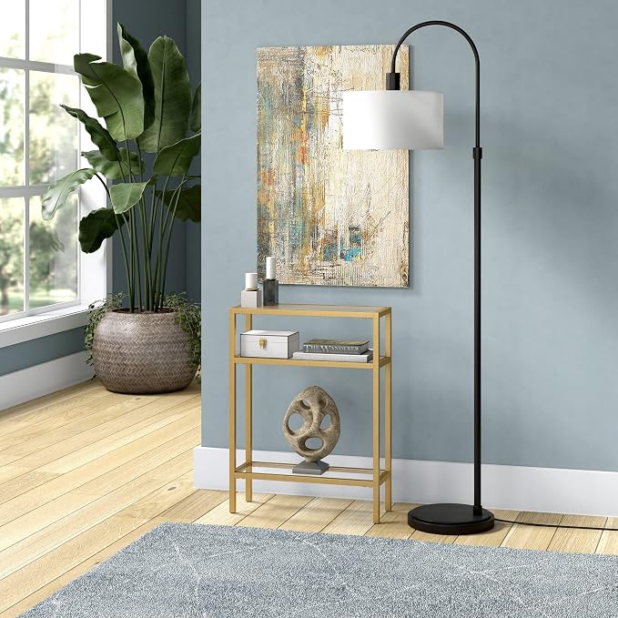 Henn&Hart 22" Wide Rectangular Console Table in Brass, Entryway Table, Accent Table for Living Room, Hallway | Industrial-style console table with open shelving and durable metal frame for living rooms, entryways, or offices