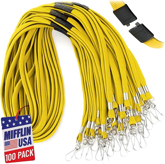 MIFFLIN-USA Flat Breakaway Safety Lanyard for ID Badges (Yellow, 36 Inch, 100 Pack), Soft Woven Neck Line