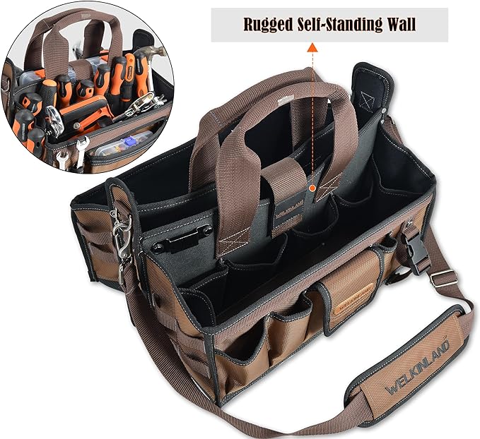 WELKINLAND 20-Pockets Tool Tote Bag, 16" Electrician Tool Bag, Open-Top Tool Bag, Stay-Up HVAC Tools Bag, Brown Tech Tools Bags, HVAC Bag, Tool Tote Bag With Handle