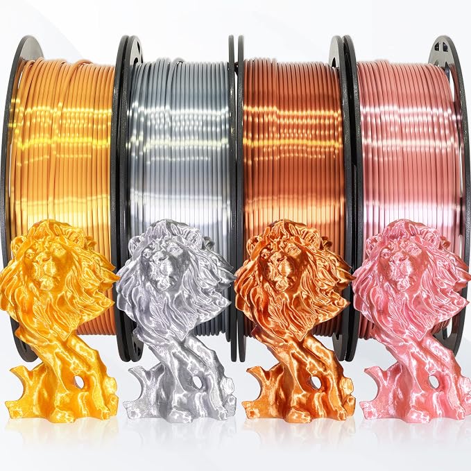 1.75mm Silk PLA Filament 4 Spools 1kg, Gold/Silver/Copper/Rose Gold | Shiny metallic finish. Each spool 250g. Widely fit for 3D printers and pens. Premium silk PLA filament for smooth printing