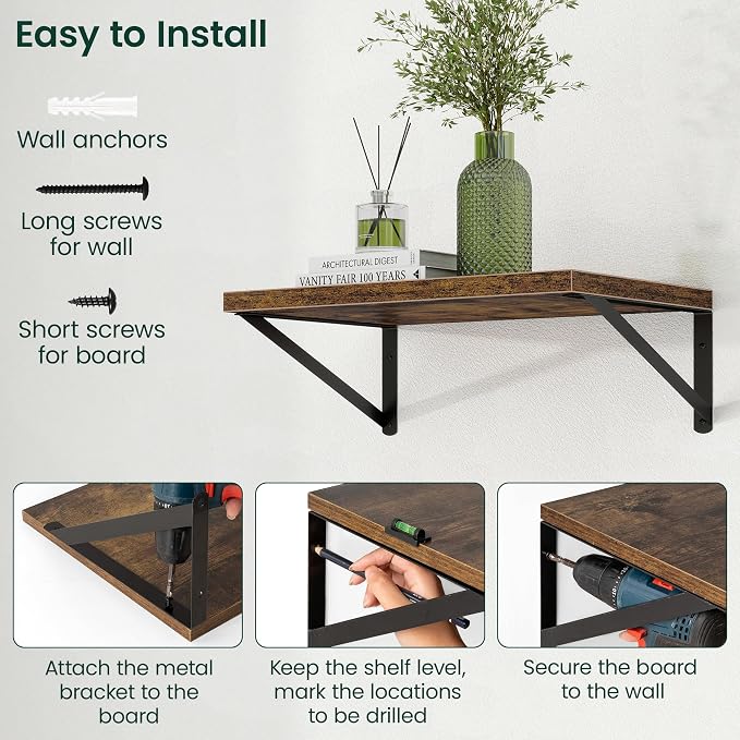 Floating Shelves 12 Inch Deep, 16W x 12D Wall Shelf Set of 2, 35 lbs Heavy Duty Reversible Metal Brackets, Industrial Book Shelf for Living Room Kitchen Bath Bedroom Coffee Bar, Rustic Brown