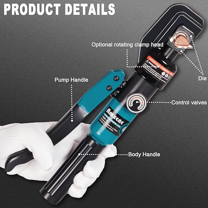 AMZCNC Hydraulic Crimping Tool, Battery Cable Crimper 12AWG–4/0AWG, 11 US Hex Dies, 10-Ton Hydraulic Crimper for Electrical Lugs, Copper & Aluminum Cable with Carrying Case (YQK-0000)