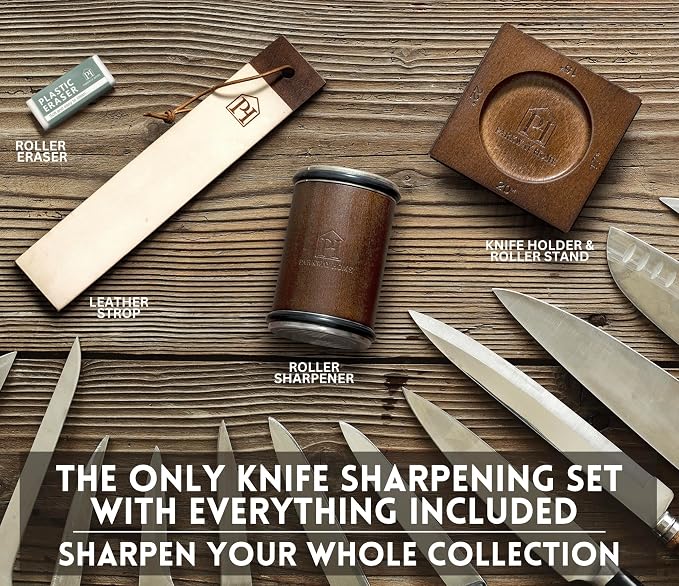 Rolling Knife Sharpener with Leather Strop and 15, 17, 20 & 22 Degree Angles - Knife Sharpener Kit - Roller Knife Sharpening System with Stand, Holder & Eraser - Walnut Brown
