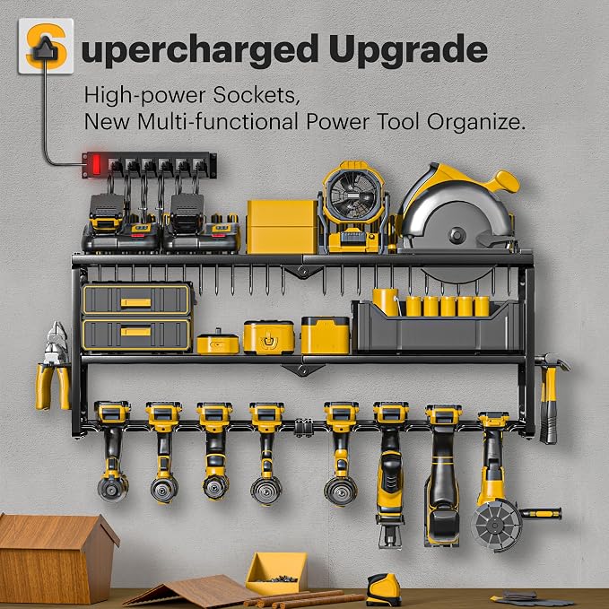 Spampur Power Tool Organizer Wall Mount with Charging Station, 7 Slots for Cordless Drill Hanger Storage, Tool Battery Holde with 4 Outlet Power Strip, Drill Holder Heavy Duty Garage Organizers