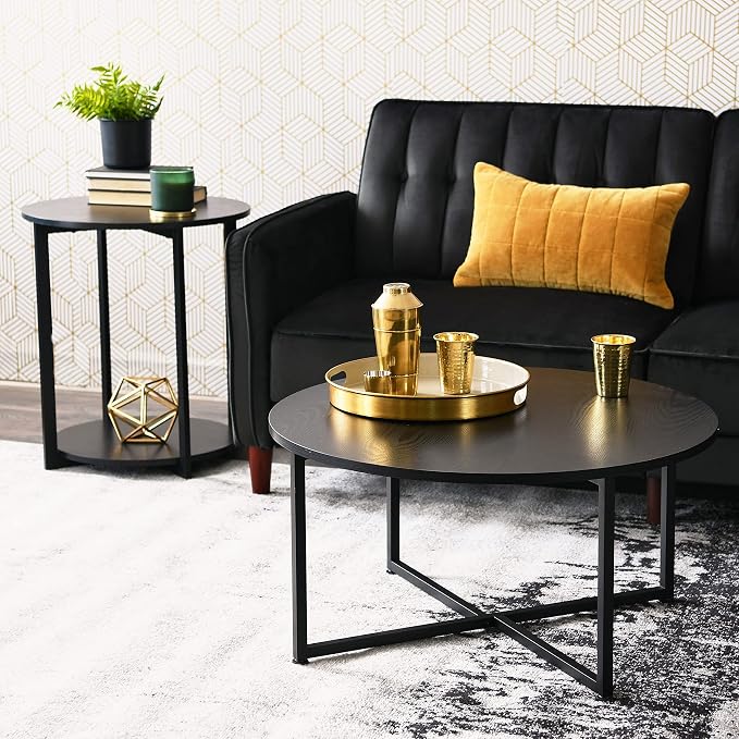 Household Essentials Jamestown Round Side End Table with Storage Shelf Black Oak Wood Grain and Black Metal