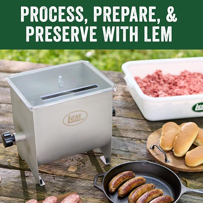 LEM Products MightyBite Manual Meat Mixer, 20 lb Stainless Steel Meat Mixer for Ground Beef, Sausage Making, Kitchen Meal Prep, Hand-Crank Food Mixing for Home Use
