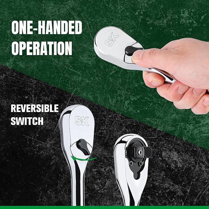 SK 3-Piece Ratchet Set, 1/4″, 3/8″, 1/2″ Drive Ratchet, Pear Head, 90-Tooth, Alloy Steel, with Contoured Handle