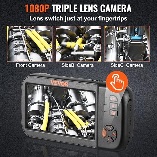 VEVOR Triple Lens Endoscope Camera, 4.5" IPS Screen Borescope Inspection Camera with 1080P Lens, 10 Adjustable Light, 2860 mAh Battery, Waterproof & Oilproof Endoscope for Auto, Wall, Drain Inspection