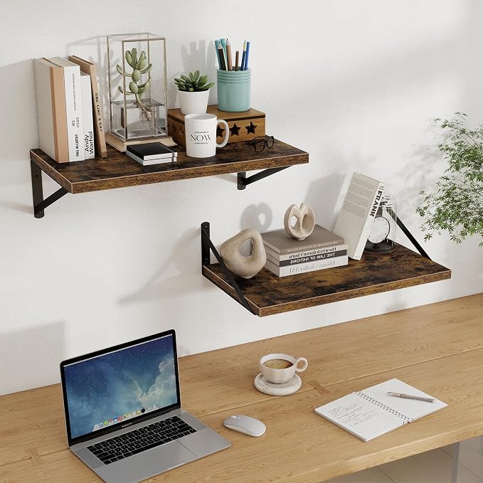 Floating Shelves 12 Inch Deep, 24W x 12D Wall Shelf Set of 2, 50 lbs Heavy Duty Reversible Metal Brackets, Industrial Book Shelf for Living Room Kitchen Bath Bedroom Coffee Bar, Rustic Brown
