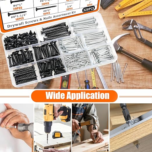 Dianrui Nails & Wood Screws Assortment Kit, 320 PCS #6#8 Philips Black Drywall Screws Set and High Hardness Hardware Small Nails for Picture Hanging/DIY Repair Project Length 1/2" to 2"