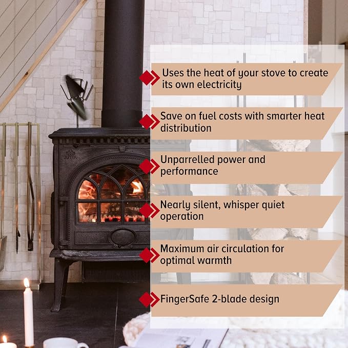 Ecofan Original Heat Powered Stove Fan - Powerful Classic Design, High Performance, Perfect for Wood Stoves, 100 CFM - Circulates Warm Air Efficiently & Reduces Fuel Cost