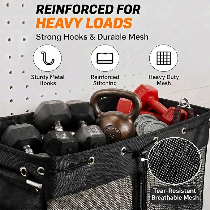 Gerrii 2 Pack Extra Large Pegboard Mesh Storage Baskets with 4 Hooks, 18 x 11 x 26 Inch Pegboard Wall Organizer Accessories with Zippered Front, Large Capacity, for Home Sport Garage Storage