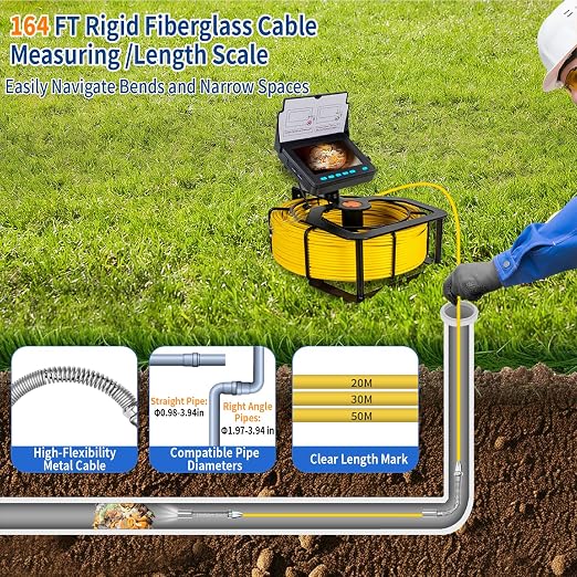 Pipe Drain Inspection Camera,4.3" Industrial Endoscope with DVR Function and LED Lights Waterproof IP68 Sewer Camera, Borescope for Home Drain Pipe Plumbing (164 ft/50m) (98.4ft/30m)