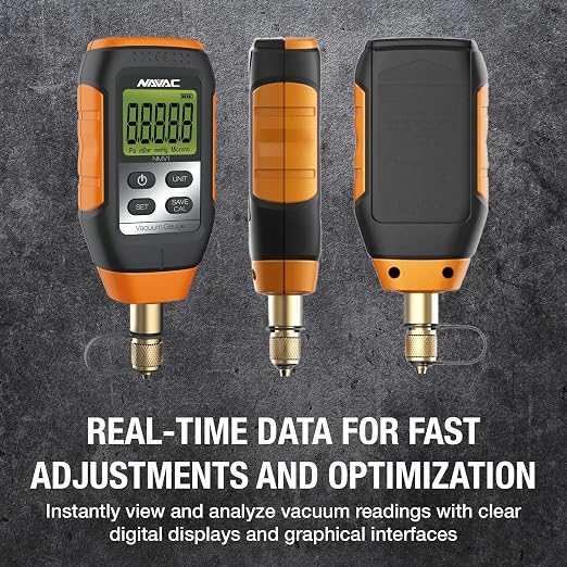 NAVAC NMV1 Micron Vacuum Gauge - HVAC Digital Vacuum Gauge with Level Alarm and Leakage Warnings - Large Backlit Display