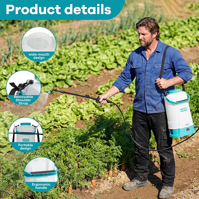 2.38 Gallon Battery Powered Sprayer with Adjustable Shoulder Strap, 0-60 PSI Adjustable Pressure, Electric Sprayer with 1 Nozzles and 1 Wands, 12V 2Ah Battery, Wide Mouth Lid for Weeding, Spraying