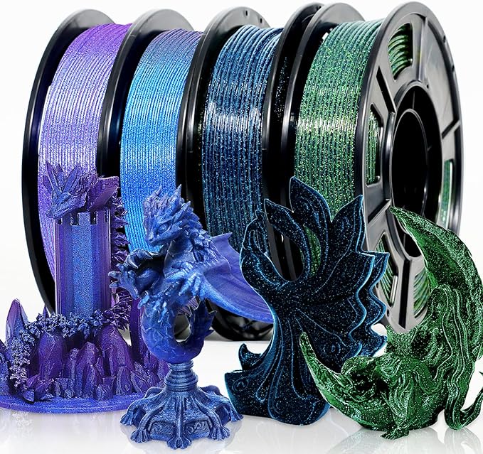 RepRapper Glitter Multicolor Mixed 250g*4 Sample Pack, Shiny Galaxy PLA Filament 1.75mm, Glow in the Dark Green 3D Printer Filament, Sparkle Laser Series 3D Printing Filament for 3D Printer