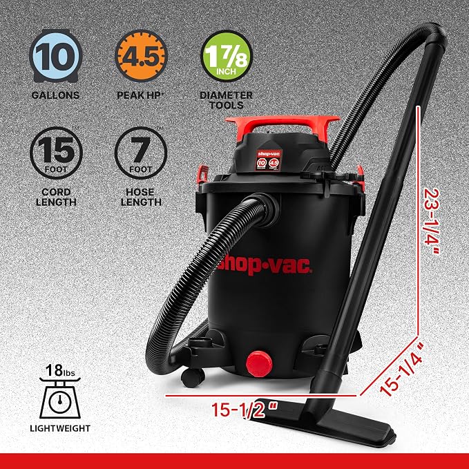 Shop-Vac 5430115 Wet/Dry Vacuum, 10 Gallon, 4.5 Peak HP, 1-7/8 Inch Diameter x 7 Foot Hose, 15 Foot Cord, Ideal for Jobsite, Garage, Workshop & Home