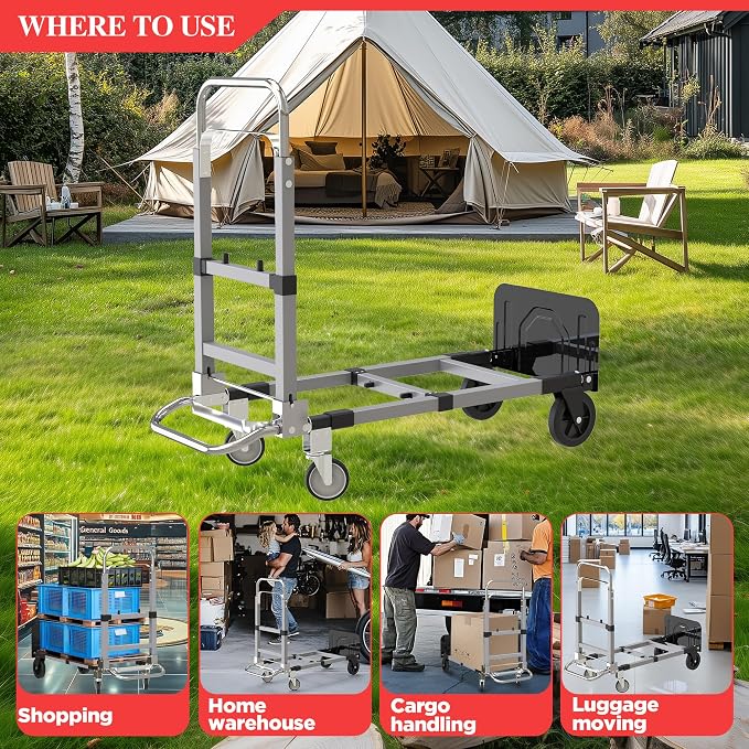 Suzhi Foldable Hand Truck Moving Dolly Cart with 4 Wheels, 500 Lbs Load,2 Straps, Pre-Assembled, Save Room, Easy Folding Dolly for Furniture, Appliances, Boxes, Warehouse & Office Transport