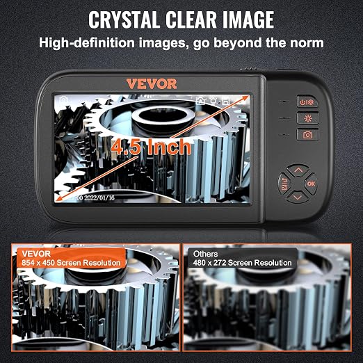 VEVOR Triple Lens Endoscope Camera, 4.5" IPS Screen Borescope Inspection Camera with 1080P Lens, 10 Adjustable Light, 2860 mAh Battery, Waterproof & Oilproof Endoscope for Auto, Wall, Drain Inspection