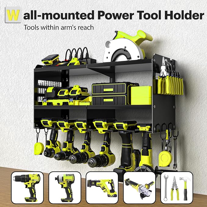 Spampur Fathers Day Gift,Power Tool Organizer Wall Mount with Charging Station, 3 Layer Heavy Duty Metal Tool Storage Rack Loads 420lbs with 6 Cordless Drill Holder, Garage Workshop