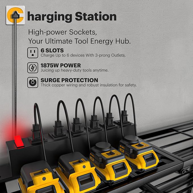 Spampur Power Tool Organizer Wall Mount with Charging Station, 7 Slots for Cordless Drill Hanger Storage, Tool Battery Holde with 4 Outlet Power Strip, Drill Holder Heavy Duty Garage Organizers