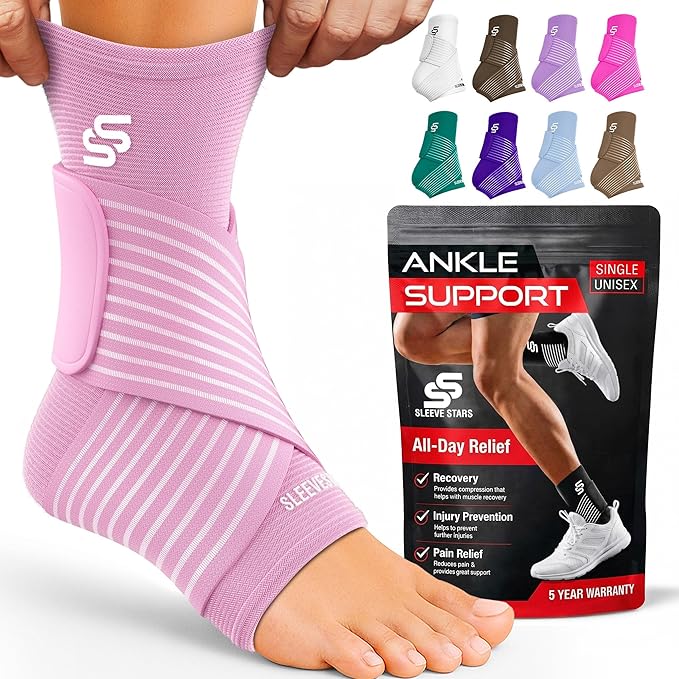 Sleeve Stars Ankle Brace for Women & Men, Ankle Wrap for Sprained Ankle, Compression Sleeve for Plantar Fasciitis Relief, Easy Customizable Support: w/ Removable Strap (Single/M:10"-12"/Baby Pink)