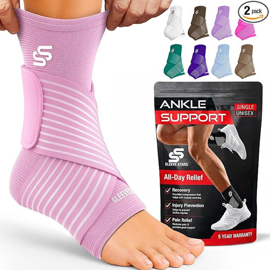 Sleeve Stars Ankle Brace for Women & Men, Ankle Wrap for Sprain, Compression Sleeve for Plantar Fasciitis Relief, Easy Customizable Support: w/ Removable Strap (Pair/M:10"-12"/Baby Pink)