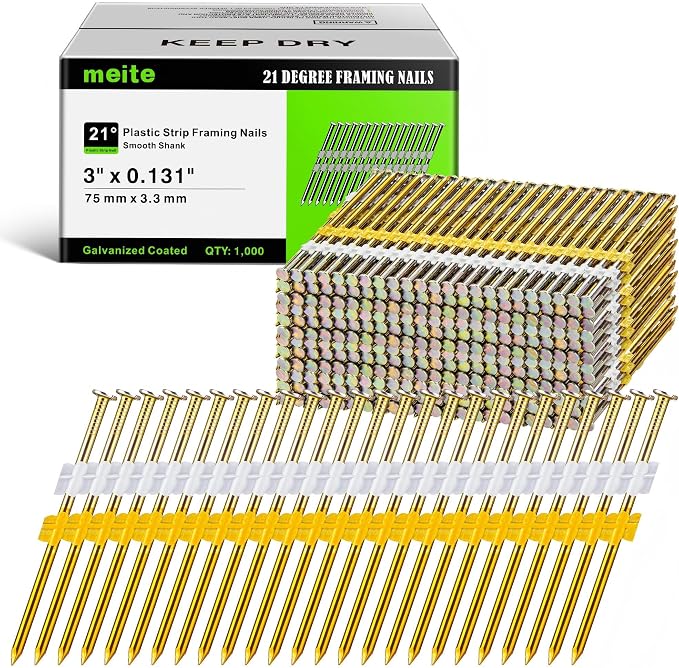 meite 21 Degree Framing Nails 3 Inch Galvanzied Plastic Collated 1,000PCS | Full Round Head Smooth Shank Framing Nails, for 20-22° Pneumatic Cordless Framing Nailer, Crate Sheathing Decking Subflooring