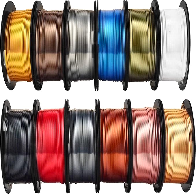 MIKA3D Shine Silk Metallic Gold PLA 3D Printer Filament Bundle 12 Spools Pack, 1.1lbs Spool 1.75mm Widely Compatible, 12 Popular Silk Shiny Gold Colors, with Extra One Bottle of Solid Stick Gift