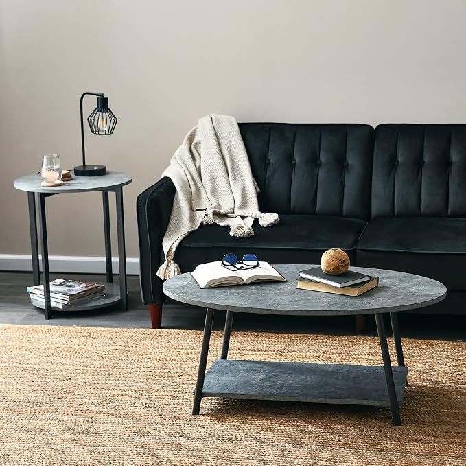 Household Essentials Jamestown Round Side End Table with Storage Shelf Rustic Slate Concrete and Black Metal