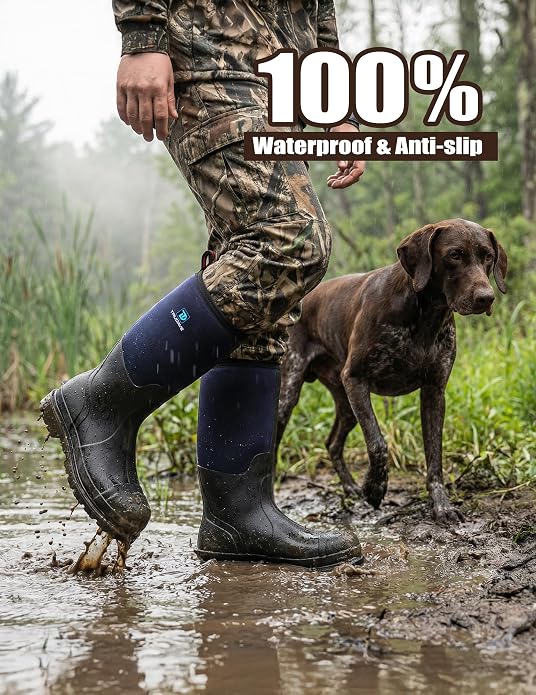 Trudave Rubber Boots for Men, Waterproof Rain Boots with Steel Shank & Reinforced Shell, 5mm Neoprene Insulated Knee Mud Boots for Outdoor Work Hunting Farming Fishing