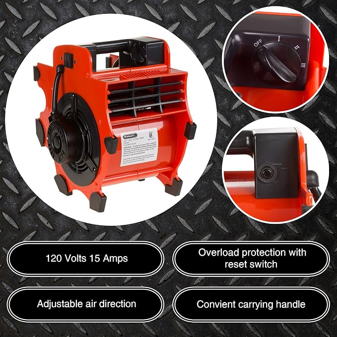 Blower Fan - 3-Speed Heavy-Duty Floor and Carpet Dryer - 1600 watts -Portable Air Mover with 4 Different Angles for Basements, Cars or Garages by Stalwart (Red)