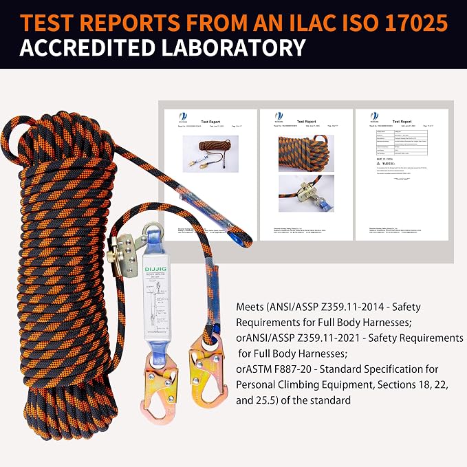 DIJJIG Rope Harness Safety Lanyard 150ft Vertical Roofing Rope With Grab Snap Hooks Shock Absorber Fall Protection Tree Climbing Line Kit Heavy Duty Roof Safety Equipment ANSI CE