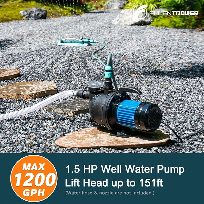 FLUENTPOWER 1.5HP Portable Garden Booster Pump with Prefilter, 1200GPH, Lift 151FT, Shallow Well Jet Pump, Water Transfer Draining Pump for Home Garden Lawn Sprinkler Irrigation