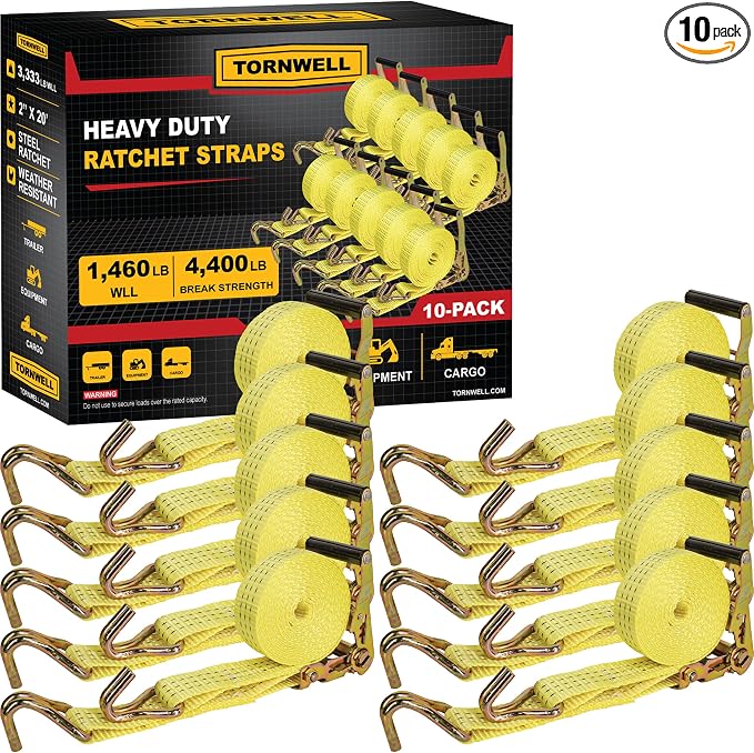 10-Pack Heavy Duty Ratchet Tie-Down Straps, 1.5 x 15 ft, 4,400 lb Break Strength, J-Hooks, Ratchet Buckles, Comfort Grip Handles – Cargo Tie Down Straps for Trucks, Trailers, ATVs and Boats