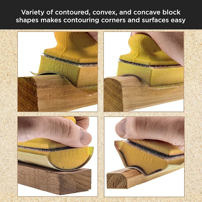 Dura-Gold 12-Piece Contoured Profile 4" Hand Sanding Block Set with 40 Sheet Hook & Loop Sandpaper Kit - Interchangeable Assorted Convex & Concave Shapes - Sand Wood Woodworking Furniture, Auto Paint