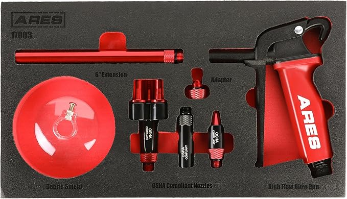 ARES 17003 – High Flow Air Blow Gun Master Set – Heavy Duty Aluminum Die Cast Body – Includes 3 Nozzles, 6-Inch Extension, Debris Shield, and Standard Thread Adapter - Meets OSHA Standards