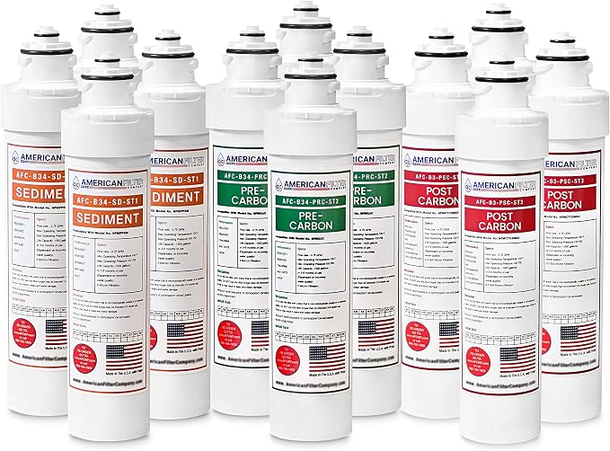 American Filter Company® Model # AFC-B3-CMBPK 4-Stage Water Filters, Compatible with Brio NFMPP5M, NFMGAC, NFMUF, NFMCTO5MS3, NFMCTO5MS2 and Moderna UV Water Cooler - 12Pk