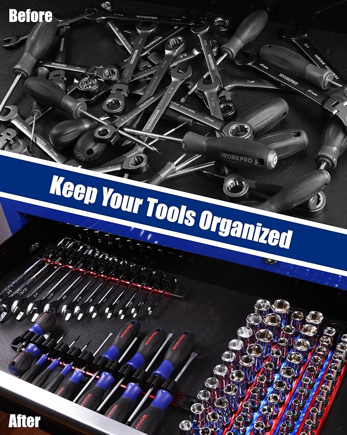 WORKPRO 8-Piece Magnetic Socket and Screwdriver Organizer Set | 6-Piece 1/4", 3/8" & 1/2" Drive Metric & SAE Socket Rails, 2-Piece Screwdriver and Wrench Holders