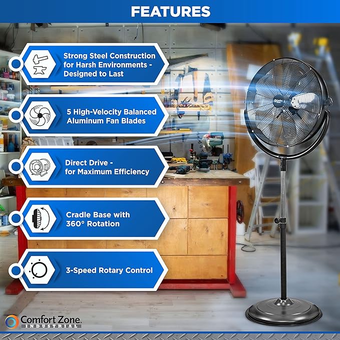 Comfort Zone 20-Inch High-Velocity Industrial Pedestal Fan – Heavy-Duty All-Metal Shop Fan with Aluminum Blades, 3-Speed Slim Profile Stand Fan, 180° Tilt & Adjustable Height for Garage or Warehouse