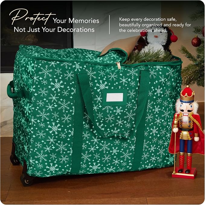 Covermates Keepsakes Rolling Treasurekeeper Storage Bag – Heavy-Duty Polyester with Dual Wheels & Handles – Protects Holiday Decorations with ID Window & Dual Zipper Access, Green Snowflake
