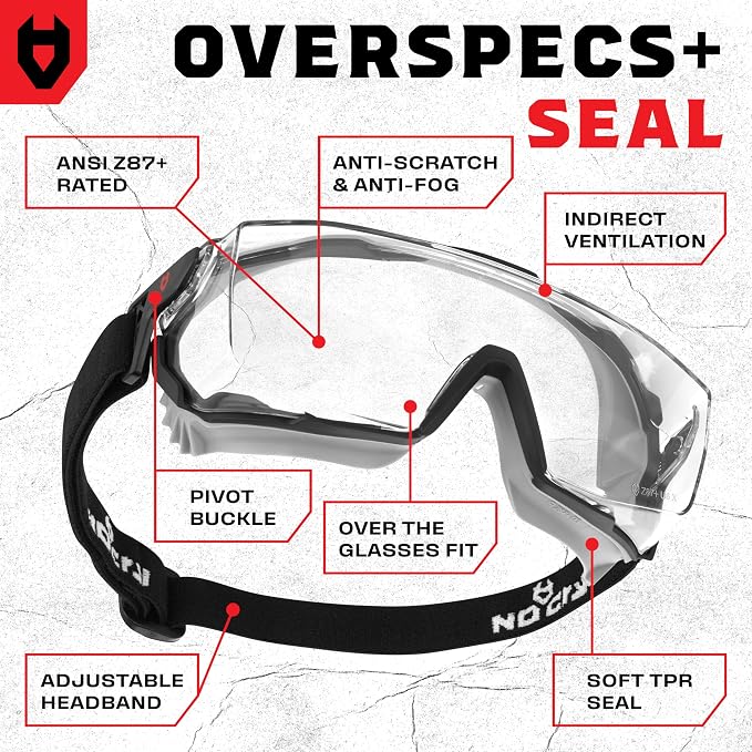 NoCry Clear Safety Goggles Over Glasses — for Men & Women With Gasket, UV380, Anti Fog Panoramic Vented Lenses — ANSI Z87.1 Eye Protection For Construction, Dust And Lab Goggles Adult