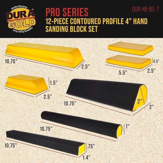 Dura-Gold 7-Piece Hand Sanding Block Set - 5" to 10-3/4" Long, Handheld Hook & Loop Sander Pads - Rectangle, Flat, Round, Curved, Contoured Shapes - Sand Wood Woodworking, Auto Body Paint & Detailing