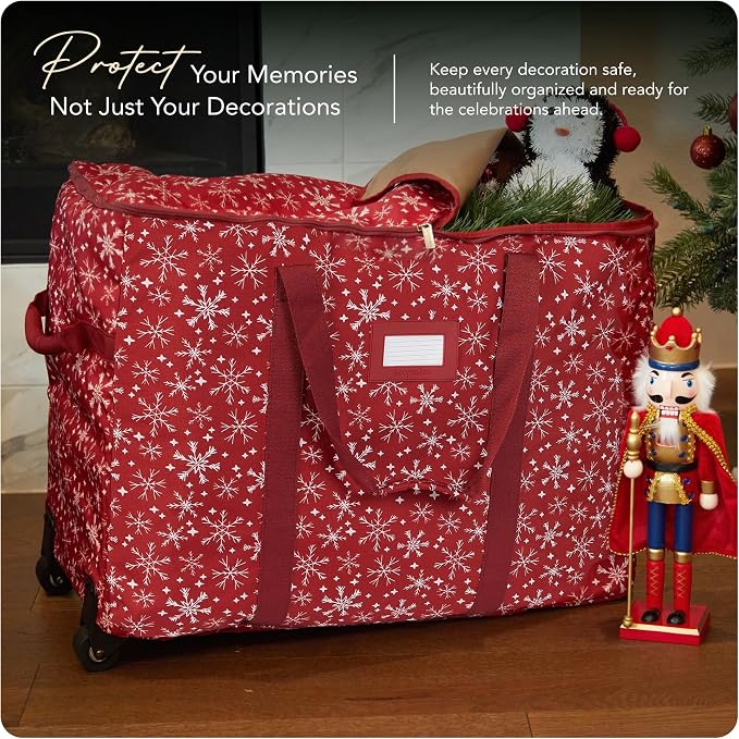 Covermates Keepsakes Rolling Treasurekeeper Storage Bag – Heavy-Duty Polyester with Dual Wheels & Handles – Protects Holiday Decorations with ID Window & Dual Zipper Access, Red Snowflake
