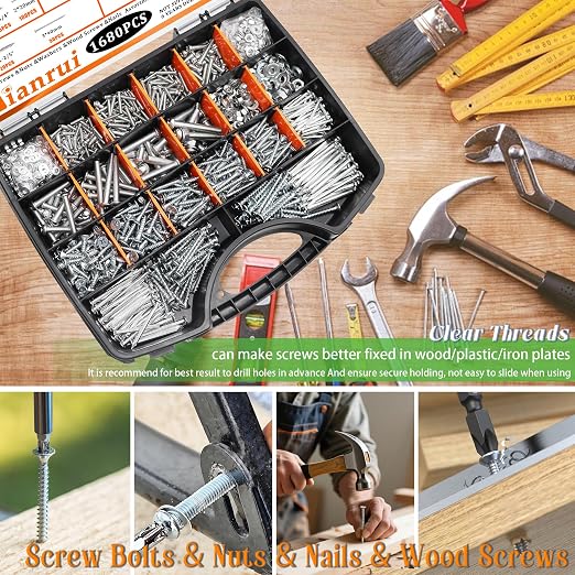 Dianrui 1680 PCS Nails and Screws Assortment Kit & Screw Bolts and Nuts, M3/M4/M5/M6 Machine Screws, Small Nails for Picture Hanging, #6#8 Drywall Screw Set for DIY Repair Project Length 1/2" to 2"